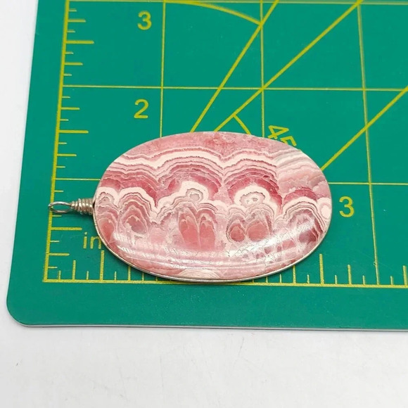 Pink Rhodochrosite Oval Pendant Sterling Silver Vintage 2.5 in - Picture 5 of 6